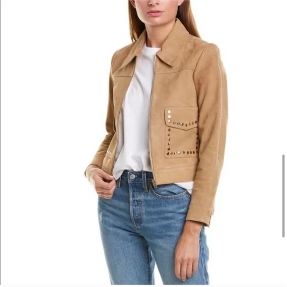 Sandro Paris Tan Patriote Studded Pockets Suede Leather